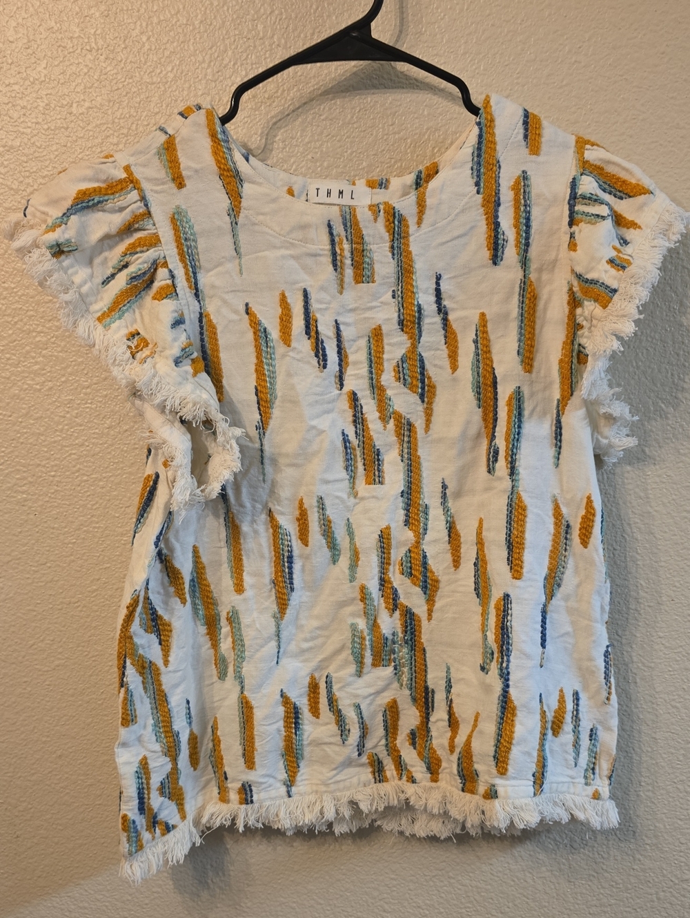 THML White Top with Mustard & Teal Brushstroke Print and Fringe